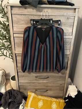 Madewell Striped V-Neck Blouse - Navy, Rust & Teal